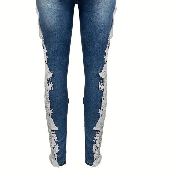 Plus Size Slight Stretch Jeans Lace Cut Out, - Picture 3 of 4